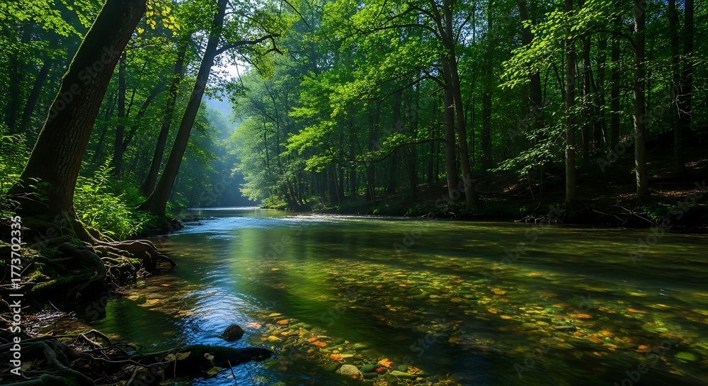 Fototapeta premium Sunlight filtering through lush green forest onto a clear river.