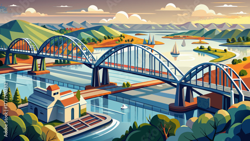 Very beautiful aerial photo of the Clark Bridge crossing the Mississippi River in Alton, Illinois, USA, showcasing the bridge’s steel structure, river reflections, and surrounding urban and natural la