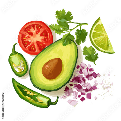 Vector illustration of a top-down view of guacamole ingredients mise en place