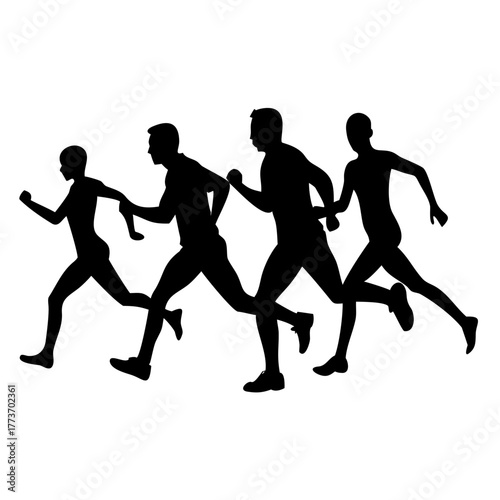Dynamic black silhouettes of a group of four athletes sprinting forward with powerful motion, symbolizing collective speed, competition, and the pursuit of fitness goals