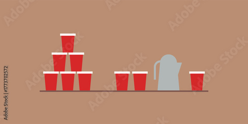 Flat vector illustration of a modern gray teapot or beverage dispenser next to a stack and row of red plastic cups, often used for parties or hot drinks