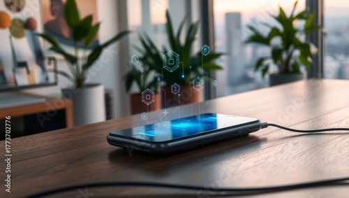 Connected smartphone with floating data icons on desk