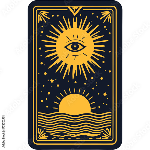 Mystical Tarot Card with Golden Sun and All Seeing Eye | Esoteric Card Design with Celestial Symbolism | Magical Occult Tarot Illustration with Radiant Sun | Vintage Mystic Card Featuring Eye of Enlig
