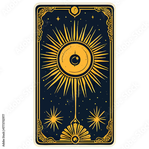 Mystical Tarot Card with Golden Sun and All Seeing Eye | Esoteric Card Design with Celestial Symbolism | Magical Occult Tarot Illustration with Radiant Sun | Vintage Mystic Card Featuring Eye of Enlig