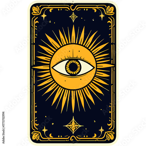 Mystical Tarot Card with Golden Sun and All Seeing Eye | Esoteric Card Design with Celestial Symbolism | Magical Occult Tarot Illustration with Radiant Sun | Vintage Mystic Card Featuring Eye of Enlig