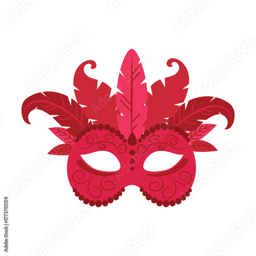 Red carnival mask with feathers and beads on a white background.