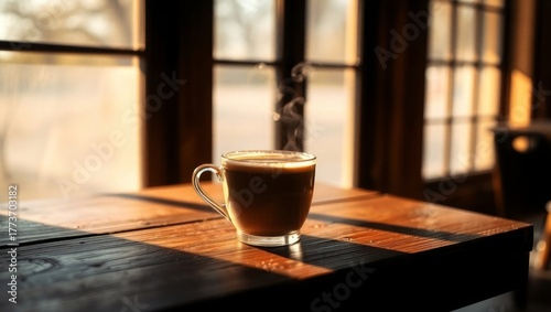 Enjoy hot morning coffee with sunlight near a window
