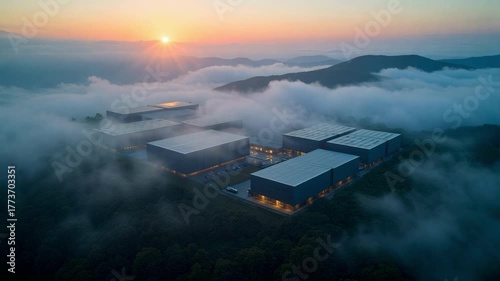 Mysterious dawn fog blankets modern data center, creating an atmospheric, moody, and visually striking aerial drone footage scene.