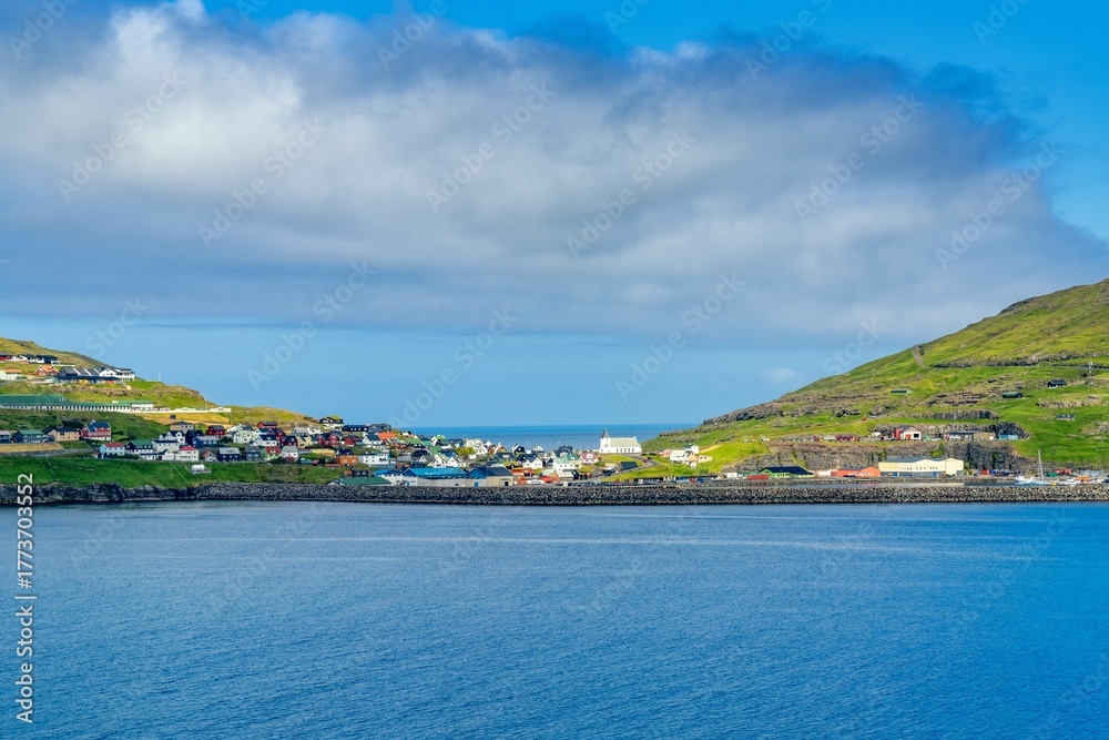 Fototapeta premium view of Eidi Village on Eysturoy Island in the Faroe Islands