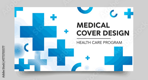 Blue geometric shapes and crosses create an abstract medical cover design for a health care program.