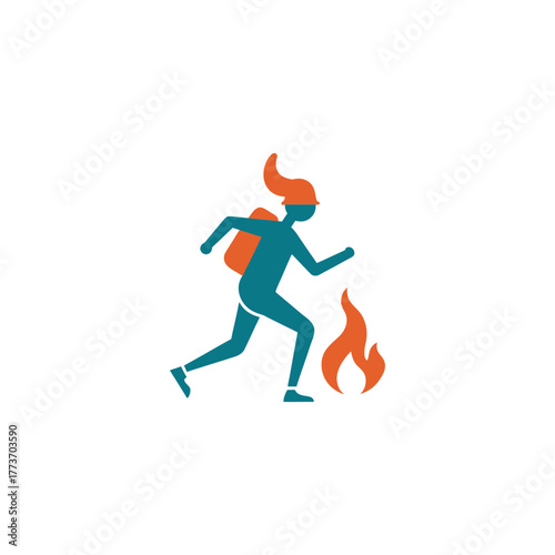 Stylized figure running away from a flame with a backpack