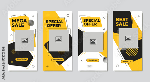 Collection of four promotional story banners with bold typography and geometric shapes for advertising.