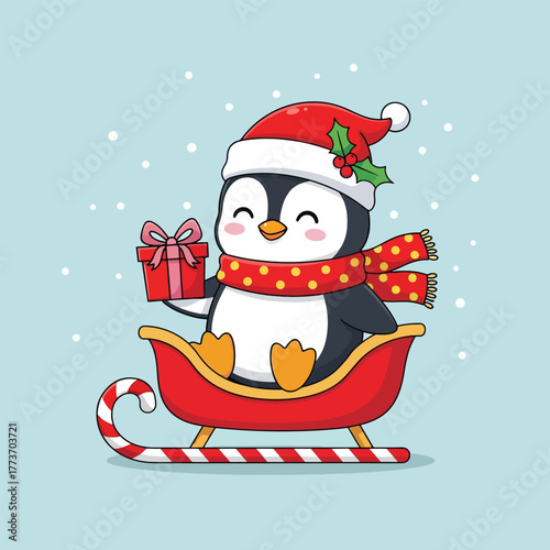 Adorable cartoon penguin wearing a Santa hat and scarf holding a gift in a sleigh