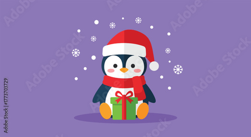 Adorable cartoon penguin wearing a Santa hat and scarf holding a gift.