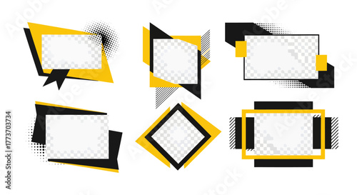 Geometric yellow and black frames with transparent areas for graphic design and abstract backgrounds.