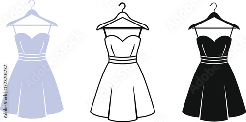 Three dresses on hangers in different styles black and white vector