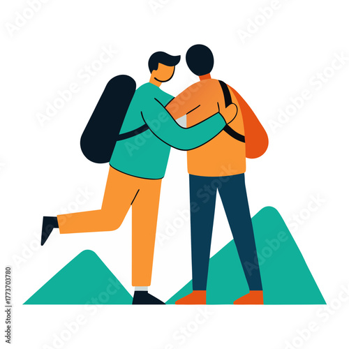 Two hikers embracing on a mountain peak celebrating their journey together