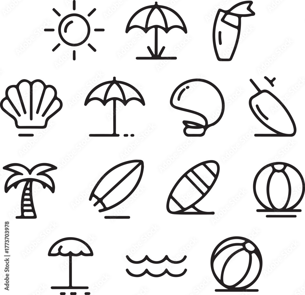 Obraz premium Summer beach vacation icons umbrella surfboard