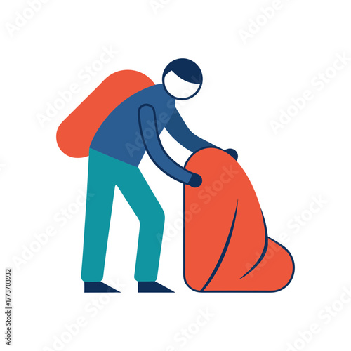 Stylized person with backpack collecting large orange object on black background