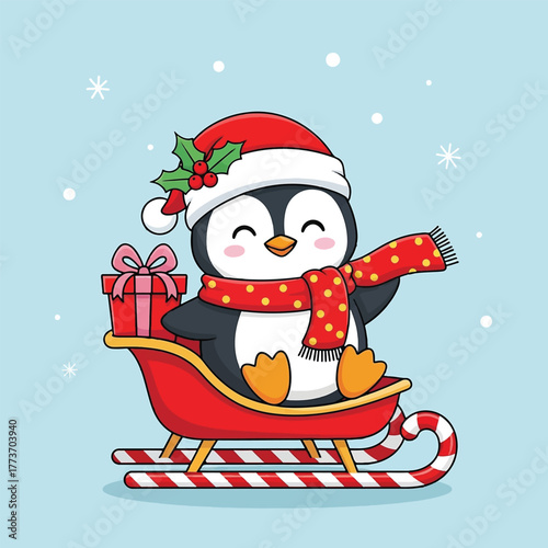 Adorable cartoon penguin wearing Santa hat and scarf riding a sleigh with gift.