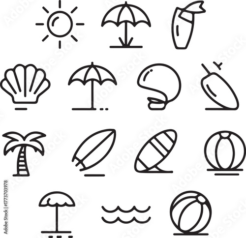 Summer beach vacation icons umbrella surfboard