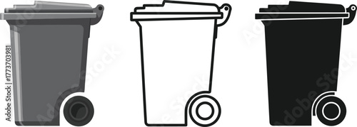 Three trash cans in gray outline and black on a white background view