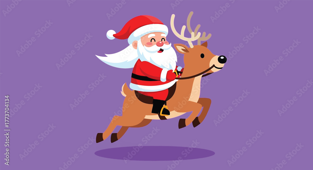 Fototapeta premium Cheerful Santa Claus riding a reindeer celebrating Christmas joy and winter holidays.