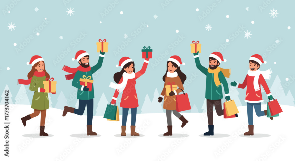 Fototapeta premium Cheerful people in Santa hats holding Christmas gifts and shopping bags.