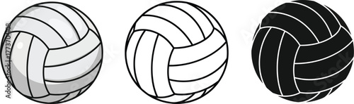 Three volleyballs shown in different styles on a white background