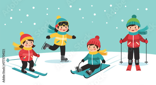 Cheerful children enjoying winter sports like skiing ice skating and sledding in the snow.