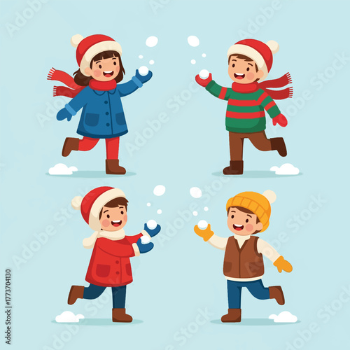 Cheerful children in winter hats and scarves playing in the snow.