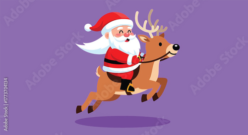 Cheerful Santa Claus riding a reindeer celebrating Christmas joy and winter holidays.