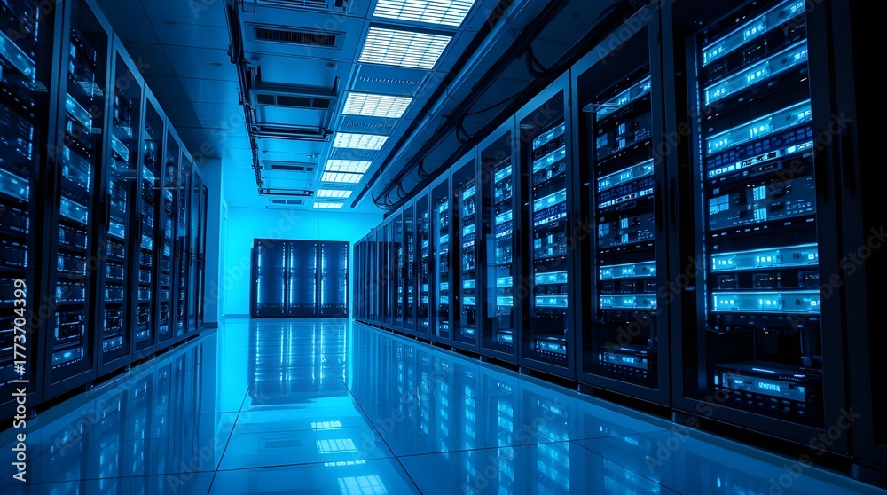 Fototapeta premium Futuristic Data Stream in Server Room with Neon Light Trails and Digital Technology.