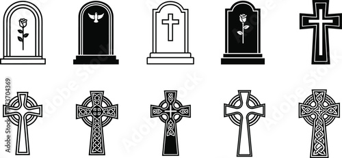 Vector Collection of Different Gravestones, Tombstones, and Celtic Crosses, Illustrating Death, Funeral, Cemetery, Christianity, Memorial, and Religious Symbols on White Background.