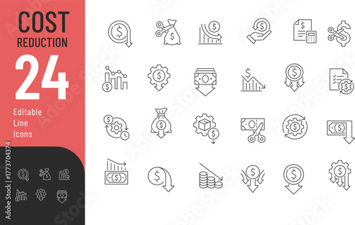 Cost Reduction Line Editable Icons set. Vector illustration in modern thin style of finance related icons: savings, optimization, budget, and more. Isolated on transparent background.
