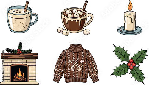 Cozy winter icons: hot chocolate, fireplace, sweater, candle, holly