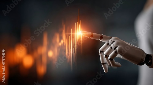 Futuristic robotic hand touching glowing sound waves with vibrant energy, symbolizing technology and innovation