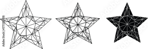 Three star shapes with wireframe and solid fill on a white background