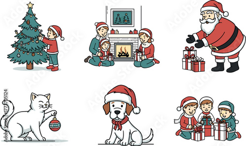Christmas scene illustrations with Santa, family, and pets