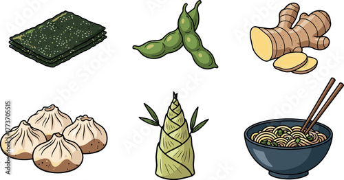 Asian Food Ingredients and Dish Illustration