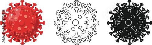 Three representations of a coronavirus cell in red black and outline