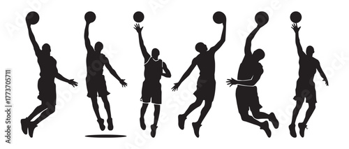 A versatile vector collection featuring six dynamic black silhouettes of basketball players in various action poses: jumping, shooting, and dunking. Perfect for sports logos, apparel design