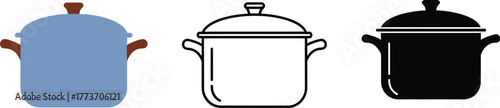 Illustrations of a cooking pot in color outline and black silhouette