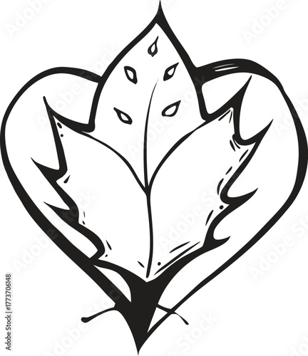Elegant heart shape outline enclosing a detailed maple leaf symbol isolated on transparent background