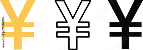 Three yen symbols in gold outline and black on a white background art