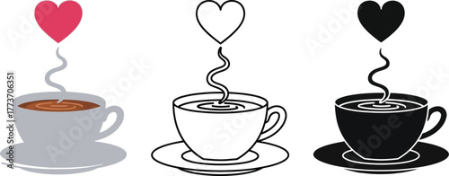 Three cups of coffee with heart shaped steam in color and monochrome
