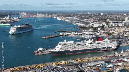 Southampton, UK – October 31, 2025 : Aerial view large cruise ship at sea, a passenger cruise ship vessel. View from the drone.