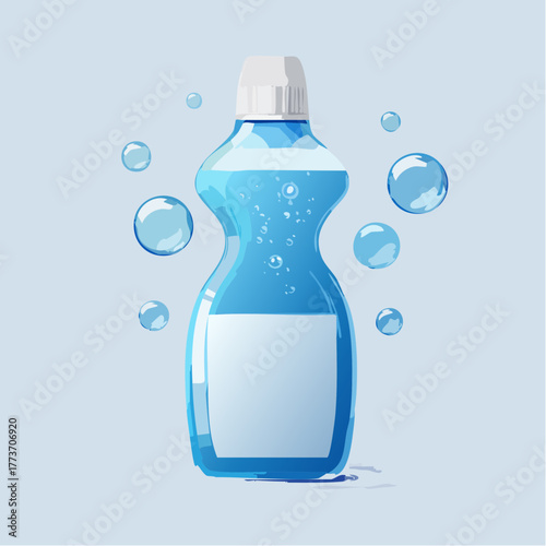 Fresh Cleansing: A vibrant illustration showcases a bottle of refreshing mouthwash, brimming with a clean, light blue liquid and accented by playful bubbles, capturing a sense of purity and hygiene.