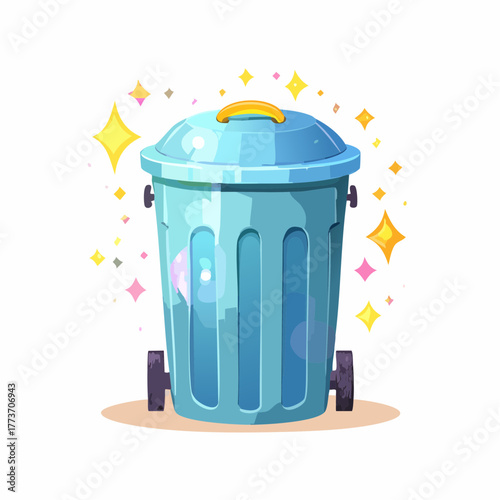 Shining Trash Bin: A shining trash bin, designed for efficient waste disposal, presented with a vibrant and playful style.