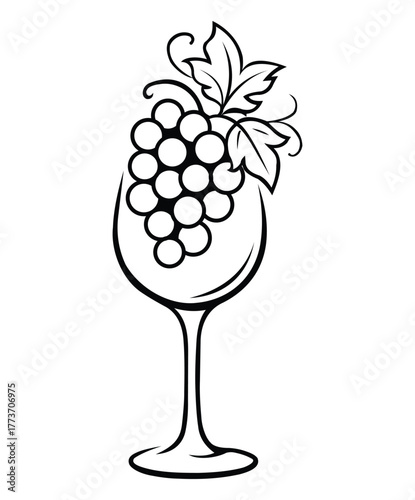 Elegant monochrome sketch of a wine glass filled with a bunch of fresh grapes and leaves, a symbolic icon for wine tasting and viticulture
